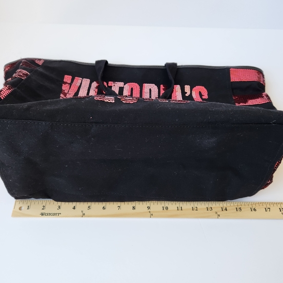 Victoria's Secret Logo Sequin Tote Bag Black Canvas Red Pink Large - Picture 10 of 14